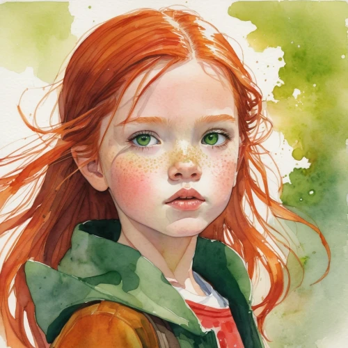 kvothe,maedhros,clementine,ruadh,etain,watercolor,arrietty,little girl in wind,redd,watercolor painting,liesel,triss,seelie,inkheart,watercolor background,ginny,annie,ponyo,redheads,girl portrait,Illustration,Paper based,Paper Based 07