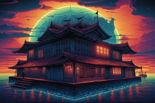 imagawa,yamatai,house with lake,house by the water,lonely house,house of the sea,fisherman's house,house silhouette,ancient house,houseboat,floating huts,asian architecture,wooden house,witch's house,boat house,yokai,japanese restaurant,boathouse,kazoku,jigoku,Illustration,Realistic Fantasy,Realistic Fantasy 25