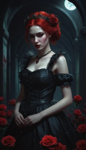 gothic portrait,red rose,gothic woman,red roses,black rose,persephone,bloodrayne,way of the roses,queen of hearts,romantic rose,rosae,countess,dark gothic mood,scent of roses,porcelain rose,vampire lady,vampire woman,gothic dress,with roses,red petals,Conceptual Art,Daily,Daily 22