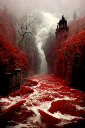 ravine red romania,landscape red,germany forest,fantasy picture,red earth,fantasy landscape,lava river,flooded pathway,black forest,autumn fog,red cliff,red lighthouse,ourthe,northern black forest,flooded,red sand,red sea,eltz,valley of death,floodwaters