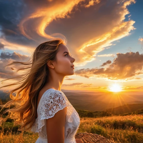 girl in white dress,mystical portrait of a girl,romantic portrait,flower in sunset,beauty in nature,woman silhouette,girl on the dune,landscape background,mountain sunrise,countrywoman,sunset glow,sunset,golden light,passion photography,nature background,alpine sunset,nature love,landscapes beautiful,majestic nature,creative background,Photography,General,Realistic