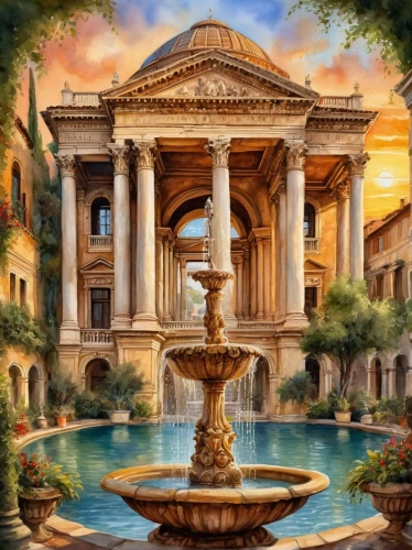 pantheon,ancient rome,roman bath,neoclassical,neoclassicism,neoclassicist,neoclassic,vittoriano,pallas athene fountain,panagora,ancient city,the ancient world,fountain of friendship of peoples,roman ancient,artemis temple,fountain,marble palace,stone fountain,eternal city,decorative fountains,Illustration,Paper based,Paper Based 24