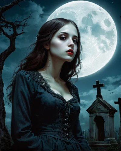 gothic woman,vampire woman,vampire lady,moonsorrow,gothic portrait,vampyres,dhampir,gothic style,vampyre,dark gothic mood,moonlit night,hekate,selene,moonshadow,gothic,moonlit,vampiric,malefic,hecate,blue moon rose,Illustration,Realistic Fantasy,Realistic Fantasy 07