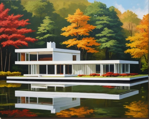 house with lake,houseboat,boathouse,mid century house,boat house,house by the water,mid century modern,houseboats,summer cottage,bluemner,house in the forest,ferry house,autumn idyll,cottage,house painting,fall landscape,home landscape,savoye,feitelson,midcentury,Illustration,Paper based,Paper Based 05