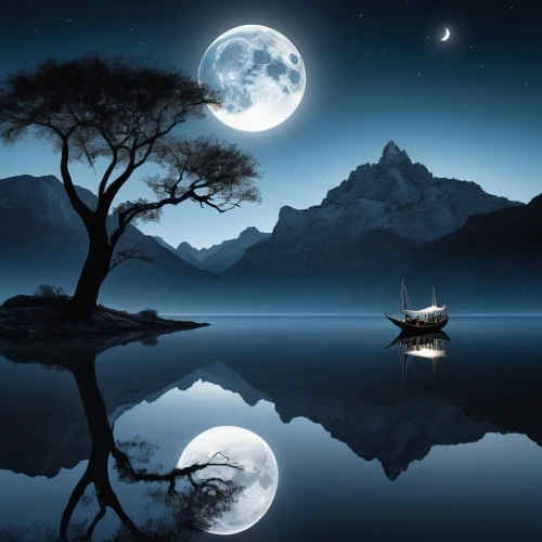 moonlit night,blue moon,moonlit,moonlighted,moon and star background,moonlight,full moon,tranquility,boat landscape,moonglow,dreamscapes,moonscapes,lunar landscape,moonshine,moonshadow,moondance,lune,moon night,moon at night,calmness,Photography,Black and white photography,Black and White Photography 07