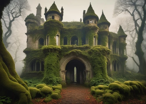 ghost castle,witch's house,haunted castle,witch house,fairytale castle,fairy tale castle,haunted cathedral,moss landscape,house in the forest,haunted house,abandoned place,the haunted house,abandoned house,fantasy picture,abandoned places,gothic style,haunted forest,gothic,fairy house,lostplace,Art,Classical Oil Painting,Classical Oil Painting 42