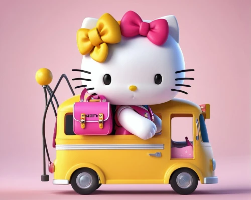 hello kitty,doll cat,cute cartoon character,school bus,pink cat,kidrobot,cute cartoon image,sanrio,schoolbus,dribbble,bus,cartoon cat,kittenish,bisou,miffy,kitschy,traveler,delivering,minimo,cute cat,Unique,3D,3D Character