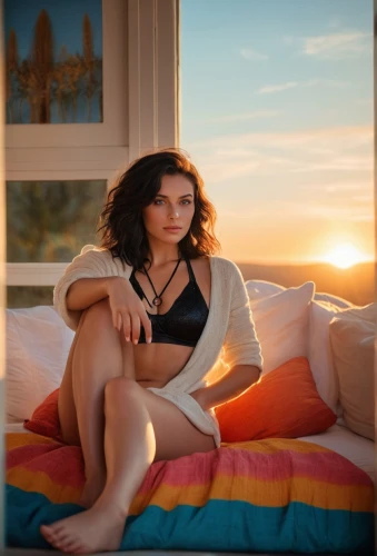 woman on bed,girl in bed,becca,dempsie,hydari,yildiray,reclining,dominczyk,oreiro,caitriona,female model,mesquida,sonnleitner,woman laying down,aerie,haselrieder,nachagyn,sunset glow,bedroom window,bed,Photography,General,Cinematic
