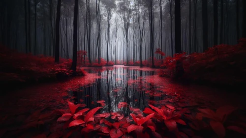 haunted forest,forest dark,forest of dreams,red tree,forest background,photomanipulation,the forest,fairytale forest,autumn forest,oscura,photo manipulation,mirror of souls,forest,forest floor,foggy forest,enchanted forest,fairy forest,black forest,digitalart,holy forest