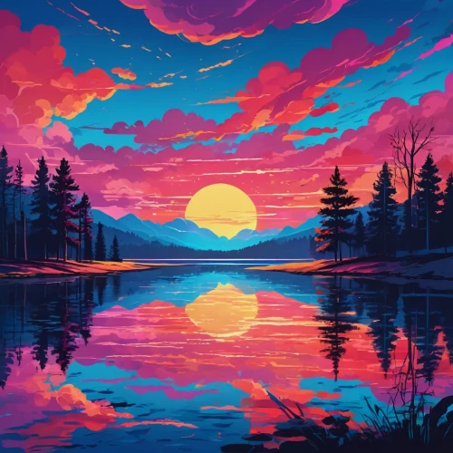 evening lake,beautiful wallpaper,incredible sunset over the lake,landscape background,mountain sunrise,acid lake,colorful background,dusk background,dusk,nature background,hd wallpaper,purple landscape,digital art,art background,lagoon,world digital painting,sunset,mountain lake,coast sunset,beautiful lake,Illustration,Japanese style,Japanese Style 06