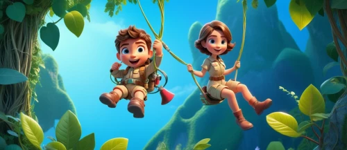 rope swing,lilo,croods,tarzan,cute cartoon image,wonderfalls,adam and eve,girl and boy outdoor,disneynature,hanging swing,madagascans,zipline,hanging elves,upin,fairies aloft,cartoon video game background,rope jumping,children's background,kratts,tangled,Unique,3D,3D Character
