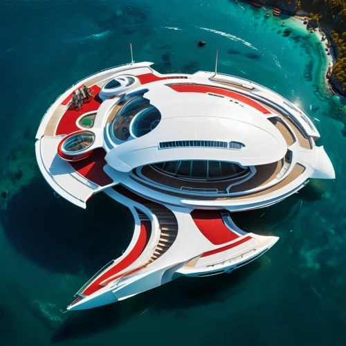 yacht exterior,alien ship,seasteading,futuristic architecture,rescue helipad,spaceship,helipad,helicarrier,helipads,house of the sea,atlanticus,super trimaran,space ship,seafort,floating island,yacht,futuristic art museum,hovercraft,cruiseliner,coastal motor ship,Conceptual Art,Sci-Fi,Sci-Fi 24