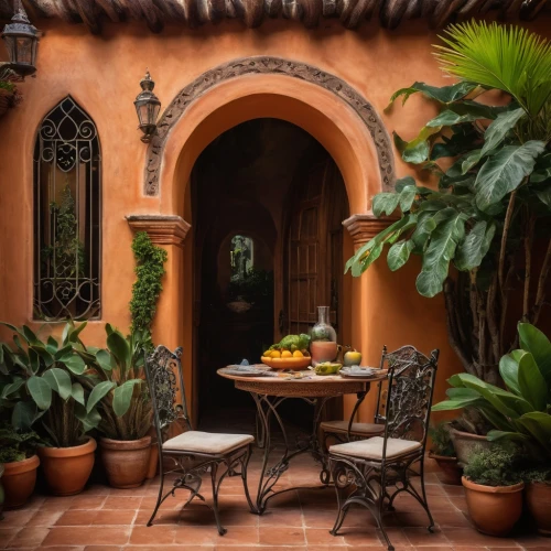 patio,patios,courtyard,courtyards,outdoor dining,tlaquepaque,terrasse,alcove,hacienda,inside courtyard,terracotta tiles,cortile,terraza,breakfast room,patio furniture,spanish tile,porch,marrakesh,digital painting,breakfast outside,Photography,General,Fantasy