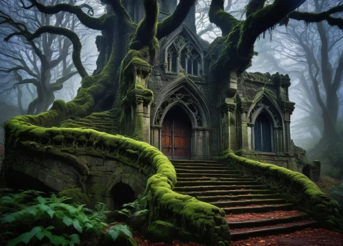forest chapel,witch's house,haunted cathedral,moss landscape,witch house,house in the forest,fairytale castle,ghost castle,mirkwood,holy forest,gothic style,fairy tale castle,old graveyard,haunted forest,forest cemetery,fairytale forest,resting place,sunken church,gothic church,gothic,Illustration,Paper based,Paper Based 21