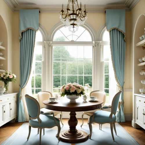 breakfast room,dining room,dining room table,dining table,danish room,bay window,ornate room,great room,blue room,interior decoration,tearoom,victorian room,highgrove,housedress,furnishes,sewing room,plantation shutters,pearl border,decoratifs,baccarat,Photography,General,Realistic