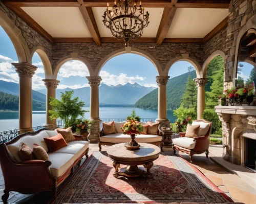 villa balbianello,luxury home interior,lefay,stehekin,front porch,sunroom,breakfast room,beautiful home,luxury property,porch,palatial,loggia,house in the mountains,chalet,fireplaces,skamania,sitting room,great room,cottars,house in mountains,Illustration,American Style,American Style 10