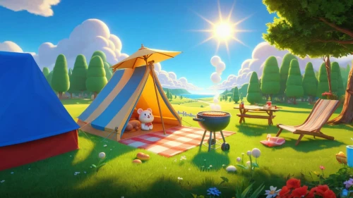 tearaway,thatgamecompany,knight tent,lowpoly,encampment,scandia gnomes,fairy world,fairyland,3d fantasy,fairy village,3d render,cartoon video game background,mushroom landscape,idyllic,low poly,picnic,kirkhope,imaginationland,fairy forest,gnomes at table