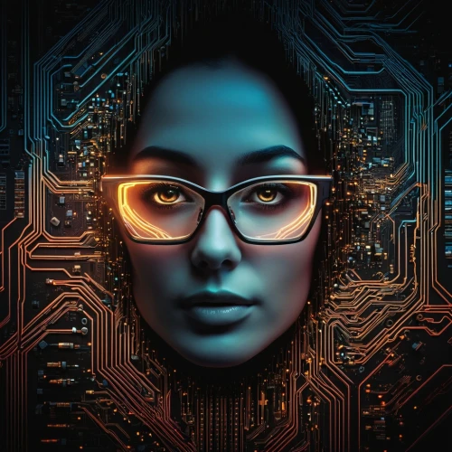 women in technology,girl at the computer,cyber glasses,programadora,cybernetically,cryptographer,computer graphic,sci fiction illustration,computer art,circuit board,ai,generative ai,computerologist,circuitry,positronic,vector illustration,cybernetic,cybertrader,cybernetics,harnecker,Photography,General,Sci-Fi