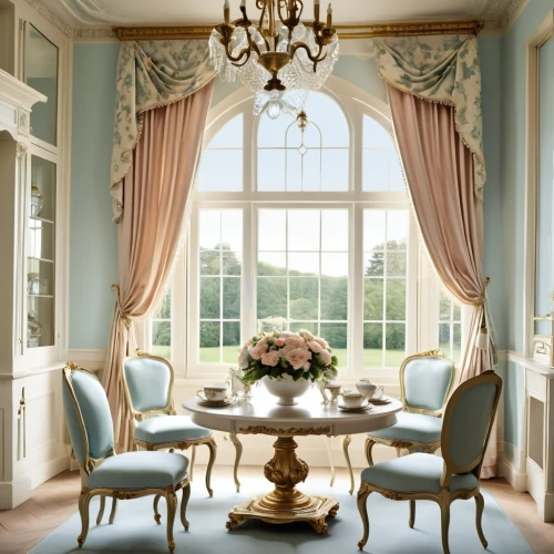 breakfast room,dining room,ornate room,bay window,valances,french windows,dining room table,great room,danish room,cochere,baccarat,gustavian,sitting room,highgrove,dining table,luxury home interior,sunroom,housedress,opulently,window curtain,Photography,General,Realistic