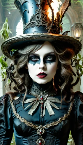 victoriana,victorian lady,rasputina,gothic woman,gothic portrait,hatter,steampunk,gothic style,victorian style,countess,the carnival of venice,helsing,witch hat,halloween witch,gothic,morwen,painted lady,masquerade,enchantress,isoline,Illustration,Realistic Fantasy,Realistic Fantasy 46