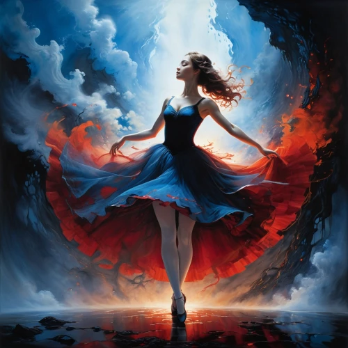 dancing flames,fire dance,mystical portrait of a girl,fantasy picture,red and blue,fire dancer,fantasy art,aflame,riverdance,queen of liberty,flame spirit,red blue wallpaper,fantasy woman,queen of hearts,red white blue,harmonix,freedom from the heart,enchantment,personification,fire angel,Illustration,Realistic Fantasy,Realistic Fantasy 04