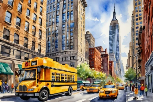 schoolbuses,city scape,world digital painting,schoolbus,school bus,newyork,cityscapes,nycticebus,school buses,new york,big apple,new york streets,new york taxi,city bus,citybus,itineraries,city tour,busses,cartoon video game background,colorful city,Illustration,Paper based,Paper Based 24