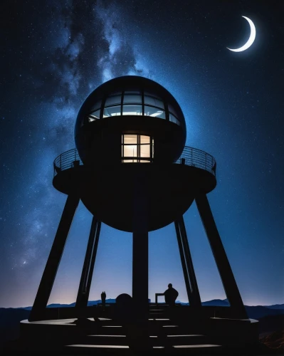 lifeguard tower,dobsonian,telescope,observation tower,lookout tower,astronomer,astronomico,observatory,observatories,astronomy,planetarium,moon and star background,watchtower,lighthouse,watch tower,telescopes,moonwatch,fire tower,watchtowers,night image,Illustration,Black and White,Black and White 31
