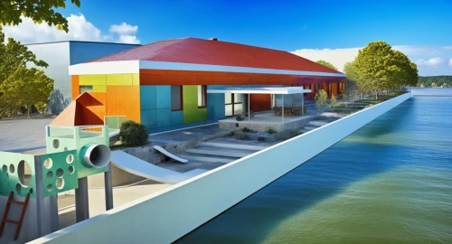 houseboat,houseboats,3d rendering,house by the water,boat house,seaside resort,cube stilt houses,boat dock,floating huts,inverted cottage,aqua studio,lifeguard tower,boathouses,pool house,boathouse,3d render,sketchup,holiday villa,beach restaurant,beach hut,Photography,General,Realistic