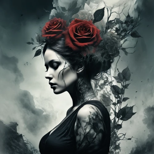black rose,persephone,sirenia,unseelie,widow flower,gothic woman,red rose,way of the roses,gothic portrait,viveros,hecate,red roses,morwen,noble roses,with roses,porcelain rose,scent of roses,delain,rosevelt,goth woman,Conceptual Art,Fantasy,Fantasy 33