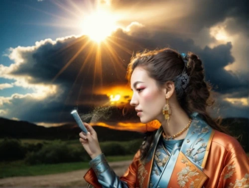 woman holding a smartphone,guanyin,qixi,inner mongolian beauty,mongolian girl,hanfu,diaochan,fortuneteller,oriental princess,mobile phone,vietnamese woman,divine healing energy,woman eating apple,mediumship,geisha girl,kuanyin,wuxia,fantasy picture,jinling,lumia