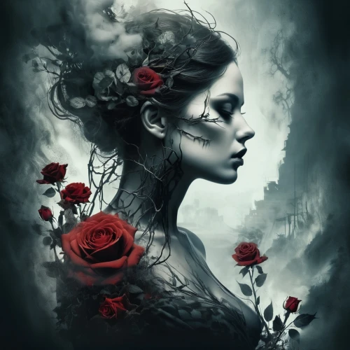 black rose,persephone,unseelie,scent of roses,gothic woman,way of the roses,red rose,red roses,the sleeping rose,viveros,with roses,romantic rose,landscape rose,noble roses,wild roses,behenna,fantasy art,dark art,porcelain rose,roses,Conceptual Art,Fantasy,Fantasy 33