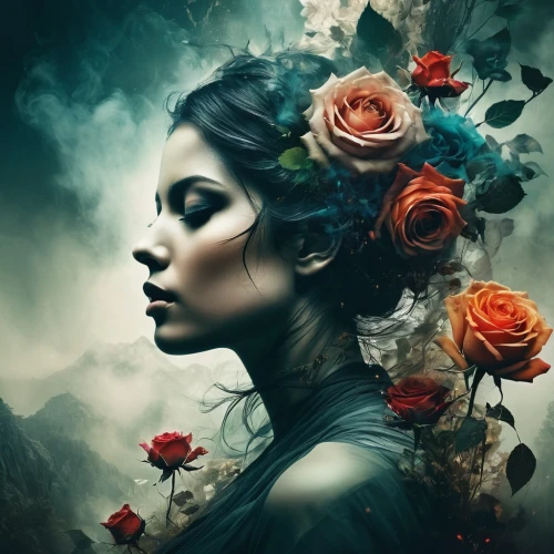 persephone,unseelie,sirenia,scent of roses,way of the roses,blue rose,black rose,viveros,seelie,with roses,mystical portrait of a girl,immortelle,behenna,wilted,delain,evanescence,photo manipulation,landscape rose,the enchantress,noble roses,Conceptual Art,Fantasy,Fantasy 05