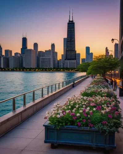 chicago skyline,chicagoland,chicago,lakefront,chicagoan,lake shore,navy pier,dearborn,detriot,illinoian,chicago night,dusable,lakeshore,streeterville,sears tower,great lakes,buckingham fountain,lake michigan,rencen,metra,Illustration,Realistic Fantasy,Realistic Fantasy 23