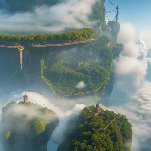 skylands,above the clouds,island suspended,fantasy landscape,thatgamecompany,floating islands,aerial landscape,platforming,besiege,floating island,inversion,cloudmont,fall from the clouds,flying island,skywalking,cliffside,cloud mountain,elves flight,bastei,myst,Photography,General,Realistic