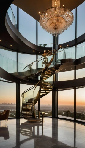 the observation deck,spiral staircase,penthouses,observation deck,circular staircase,winding staircase,glass wall,luxury home interior,futuristic architecture,staircase,spiral stairs,outside staircase,observation tower,structural glass,staircases,skylon,luxury property,futuristic art museum,segerstrom,dreamhouse,Illustration,Realistic Fantasy,Realistic Fantasy 40