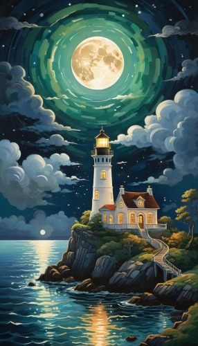 lighthouses,lighthouse,light house,electric lighthouse,petit minou lighthouse,lightkeepers,night scene,lightkeeper,moonlit night,light station,crisp point lighthouse,phare,fantasy picture,moonlighted,starry night,point lighthouse torch,dream art,sea night,sea landscape,dreamscapes,Art,Artistic Painting,Artistic Painting 32