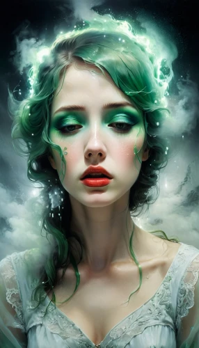 green aurora,mystical portrait of a girl,green smoke,fantasy portrait,chryste,melancholia,verde,menta,faery,emerald,the enchantress,bjd,fae,enchantress,faerie,fantasy picture,rusalka,fantasy art,green mermaid scale,green skin,Conceptual Art,Daily,Daily 14