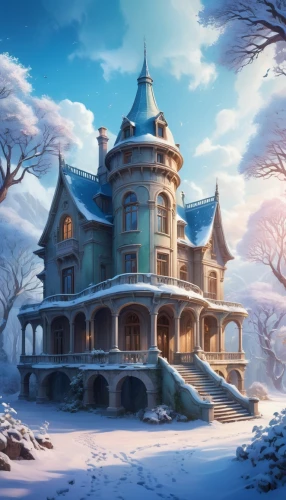 winter house,fairy tale castle,snow house,dreamhouse,witch's house,fairytale castle,victorian house,snowhotel,winterplace,crooked house,winterland,the gingerbread house,house in the forest,witch house,winter background,ghost castle,doll's house,lonely house,old victorian,forest house,Illustration,Realistic Fantasy,Realistic Fantasy 01