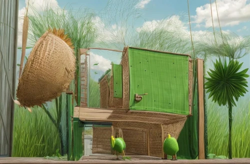 grass roof,bamboo curtain,background design,sukkah,3d background,chair in field,3d rendering,wheatgrass,tree house hotel,greenhut,straw hut,cartoon video game background,wheat grass,chromakey,chicken coop door,deckchair,tree house,outdoor furniture,hockney,treehouses,Common,Common,Photography