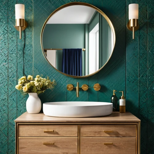 moroccan pattern,wood mirror,dressing table,tiled wall,spanish tile,art deco frame,washstand,wallcovering,brassware,washlet,vanities,shagreen,fromental,patterned wood decoration,washbasin,bath room,ceramiche,limewood,wallpapering,damask background,Photography,General,Realistic