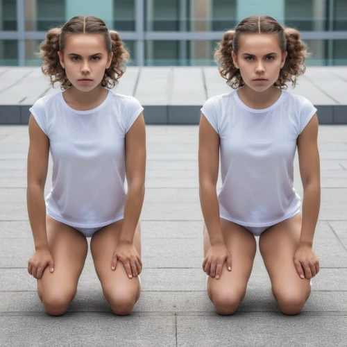 symmetrical,girl in t-shirt,female model,crouching,mirroring,symmetrically,multiplicity,isolated t-shirt,amaia,stereoscopic,supersymmetric,symmetry,white clothing,hazelius,knees,androgynous,triplicate,undershirt,stereogram,symmetric,Photography,General,Realistic
