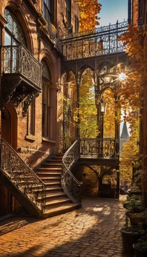brownstone,brownstones,lviv,outside staircase,stone stairway,stone stairs,staircase,stairways,golden autumn,stairs,balconies,fire escape,staircases,autumn decoration,winding steps,autumn light,backstairs,autumn scenery,autumn morning,stairway,Illustration,Realistic Fantasy,Realistic Fantasy 13