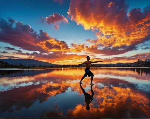 incredible sunset over the lake,reflexed,salar de uyuni,yoga silhouette,floating over lake,reflection,reflection in water,water mirror,sun reflection,the salar de uyuni,nzealand,epic sky,silhouette against the sky,mirror reflection,evening lake,dance silhouette,water reflection,wanaka,reflejo,tasmania,Art,Artistic Painting,Artistic Painting 01