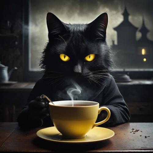 cat drinking tea,cat coffee,tea party cat,yellow eyes,halloween coffee,black cat,bulgakov,black coffee,purgatoire,expresso,tach,halloween black cat,cuppa,salem,espresso,teatime,cat's cafe,mcgonagall,halloween cat,kaffee,Conceptual Art,Sci-Fi,Sci-Fi 25