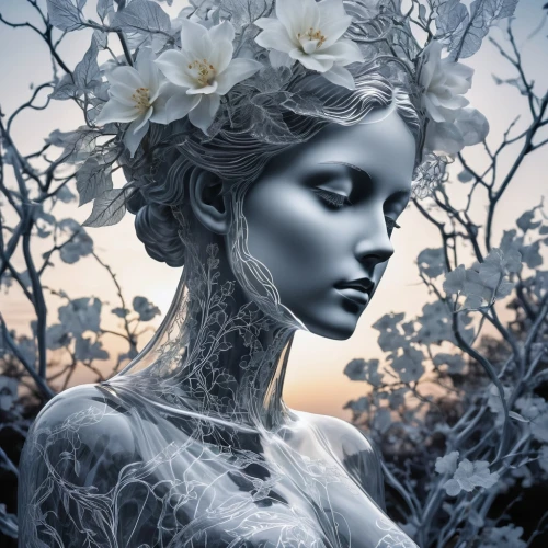 unseelie,white rose snow queen,elven flower,faery,dryad,faerie,dryads,persephone,the snow queen,immortelle,jingna,wilted,leafless,seelie,maenads,girl in flowers,widow flower,hoarfrost,photo manipulation,moonflower,Illustration,Realistic Fantasy,Realistic Fantasy 46