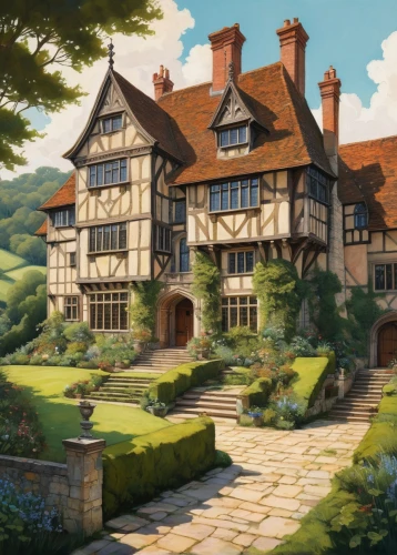 maplecroft,ludgrove,highstein,knight village,country estate,country house,shire,witch's house,dreamhouse,gables,ghibli,dandelion hall,sylvania,oxenden,briarcliff,ravenstone,elizabethan manor house,bosomworth,auberge,knight house,Illustration,Paper based,Paper Based 19