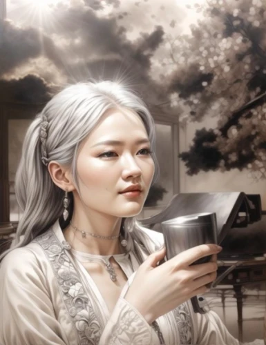 guqin,guzheng,xiaofei,woman holding a smartphone,ao dai,silvery,kunqu,oriental painting,hanfu,gayageum,xuanwei,world digital painting,solar,huayi,saom,silver,zuoying,pianist,heyne,yingjie