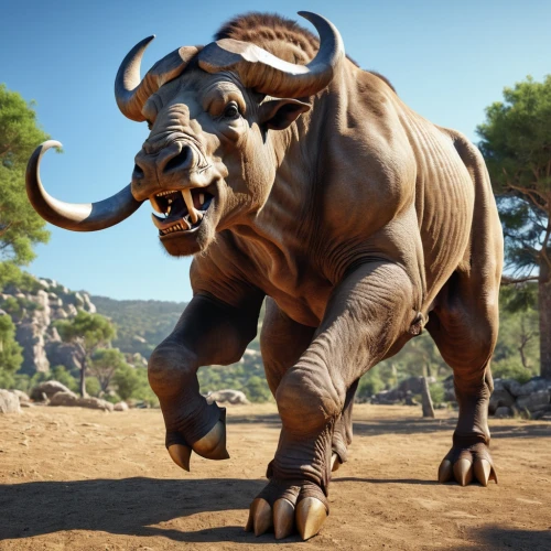 tribal bull,aurochs,cape buffalo,rhinox,bull,stegodon,triceratops,rhino,megafauna,protohistoric,uintatherium,minotaur,bullrun,bison,ceratopsians,tanox,pleistocene,bisons,rhinoceros,warthog,Photography,General,Realistic