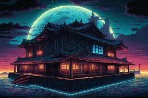 imagawa,witch's house,witch house,house silhouette,lonely house,yamatai,yokai,house of the sea,ancient house,japanese lantern,fisherman's house,halloween background,house with lake,wooden house,beachhouse,oscura,jigoku,kazoku,house by the water,ghost ship,Illustration,Realistic Fantasy,Realistic Fantasy 25