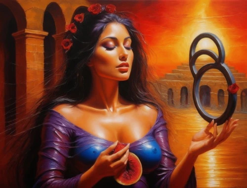 qabalah,inanna,zodiac sign libra,oil painting on canvas,liliana,hecate,sorceress,magick,horoscope libra,hekate,vesica,vodun,wicca,viveros,sorceresses,chicana,rosicrucians,rosicrucianism,the zodiac sign pisces,mystical portrait of a girl,Illustration,Realistic Fantasy,Realistic Fantasy 32
